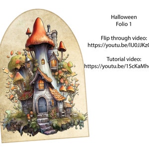 Puede incluir: Una ilustración caprichosa de una casa de setas con un techo marrón, una puerta azul y ventanas. La casa está rodeada de árboles y setas. La imagen se titula "Halloween Folio 1".
