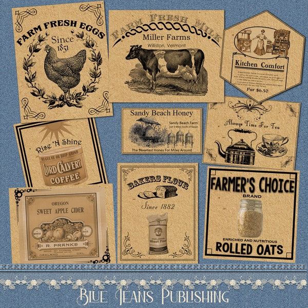 9 Vintage Kitchen Labels, Digital Printable Country Farmhouse Labels, Farmhouse Kitchen Decor, Instant Download, Vintage Ephemera