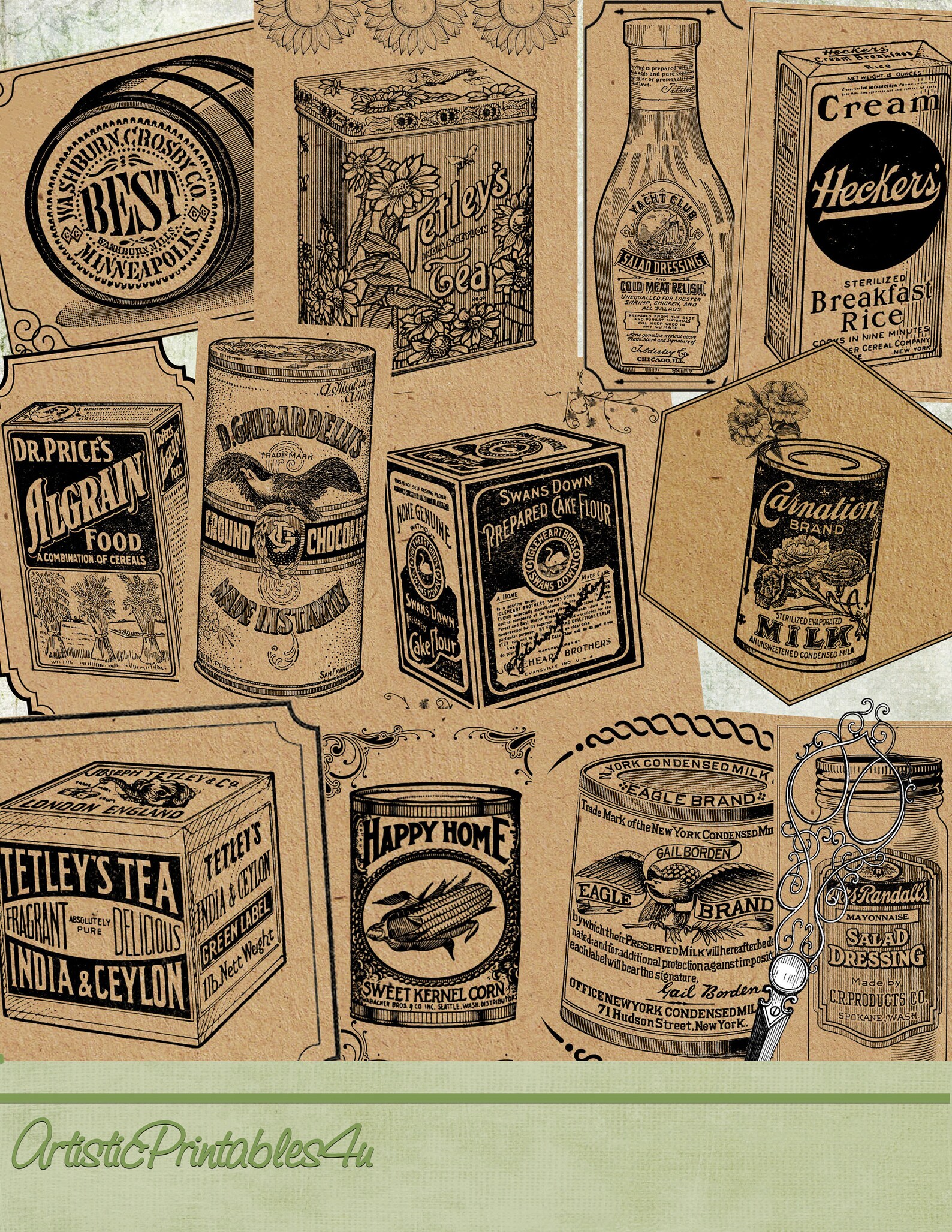 12 Vintage Kitchen Labels 3 Sizes Digital Printable Country | Etsy