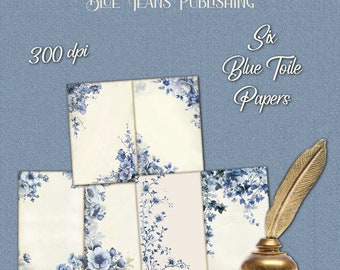 Blue Toile Junk Journal Paper: Floral Ephemera Collage Sheets (Digital Download)