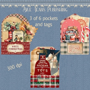 Printable Christmas Pockets and Tags, Create with these 6 Pockets with tags and cards, Instant Download