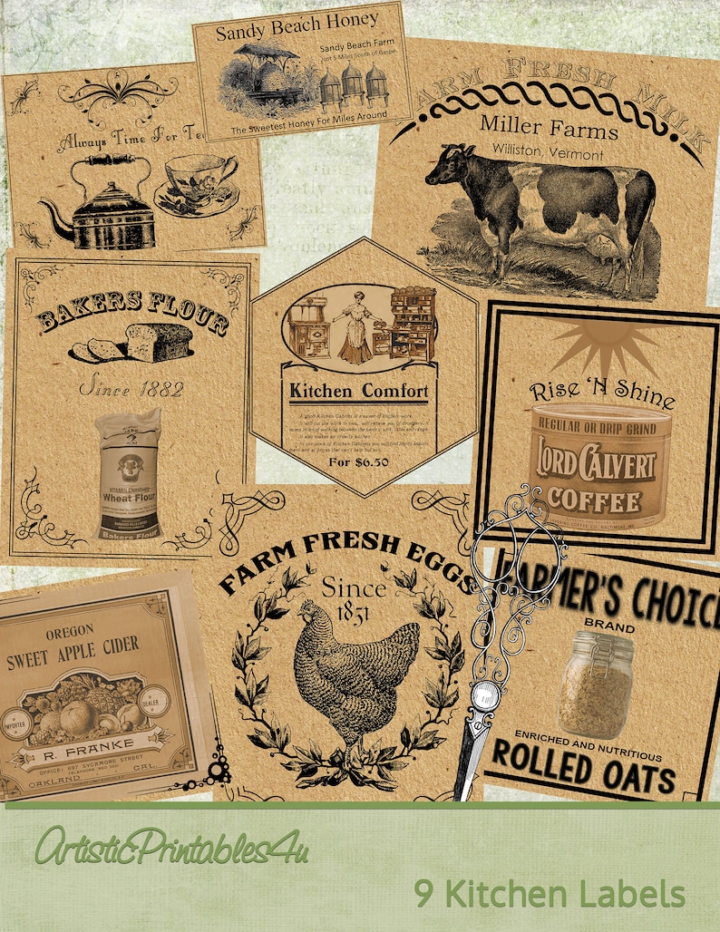 9 vintage kitchen labels digital printable country farmhouse etsy