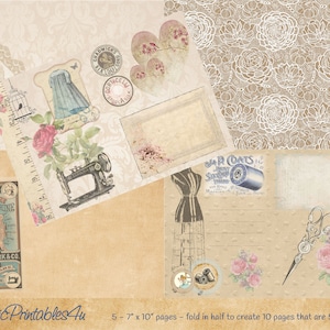 Vintage Sewing Journal Kit, Printable Junk Journal with pockets, Sewing Ephemera Instant download this digital journal kit