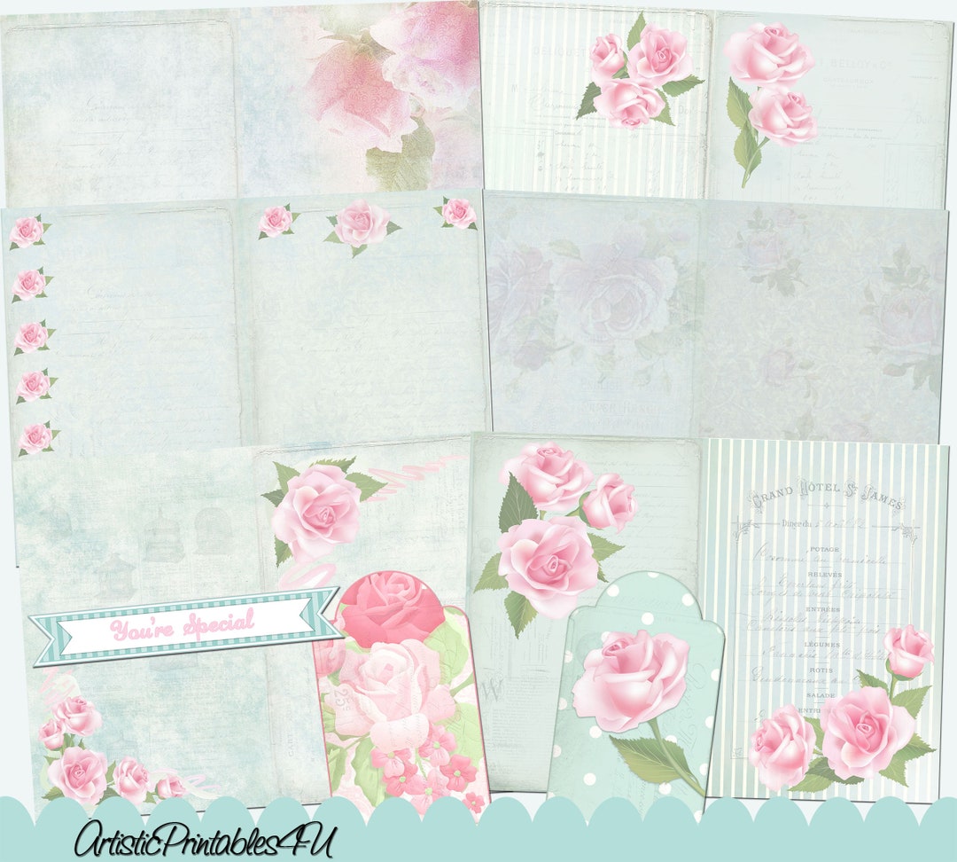 Shabby Chic Digital Junk Journal Kit Roses Collaged Background, Instant ...