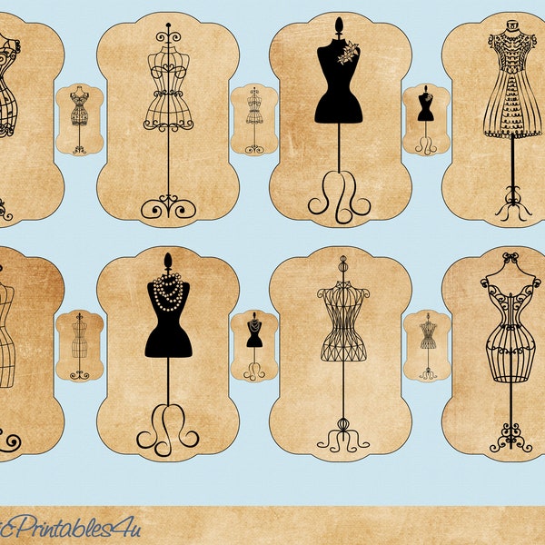 Sewing printable - 8 mannequins on thread holders in both large and mini sizes, instant download, digital dress forms, sewing ephemera