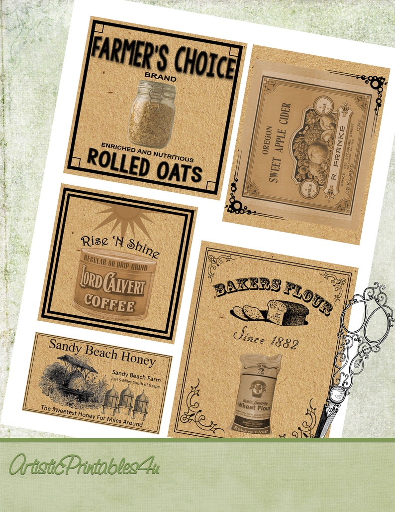 9 vintage kitchen labels digital printable country