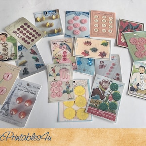 Printable sewing ephemera - 18 Vintage button cards, instant download, sewing labels, digital junk journal embelishments