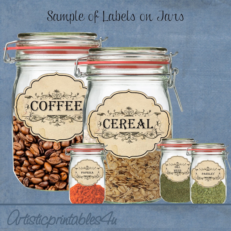 Printable 8 Pantry Labels and 24 Spice Jar Labels, Instant Download