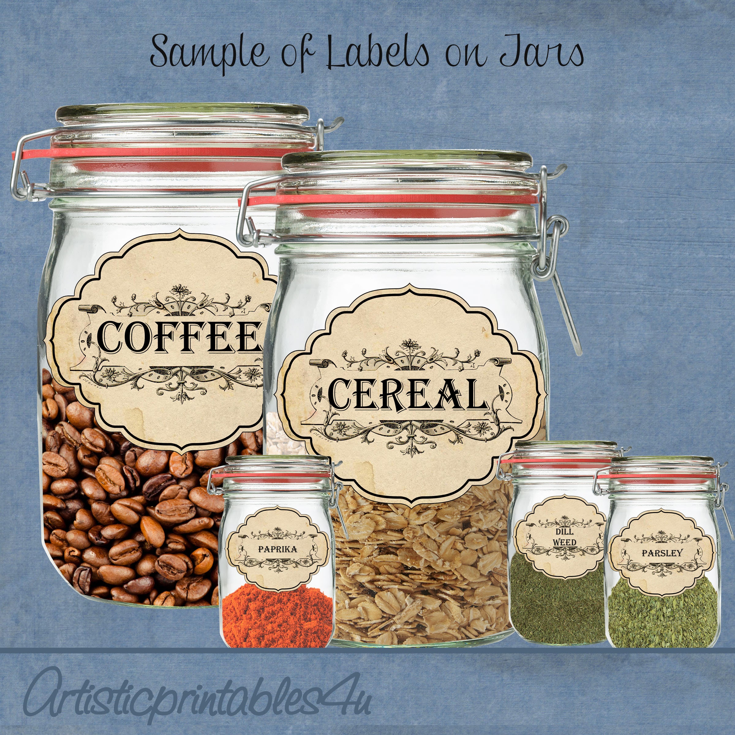 Printable 8 Pantry Labels and 24 Spice Jar Labels, Instant Download