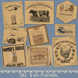 May include: A collection of vintage-style labels with illustrations and text. The labels feature products like bakers flour, farm fresh milk, kitchen comfort, rise 'n shine coffee, farmer's choice rolled oats, sweet apple cider, and farm fresh eggs. The labels are printed on a brown paper background and have a rustic, vintage aesthetic.