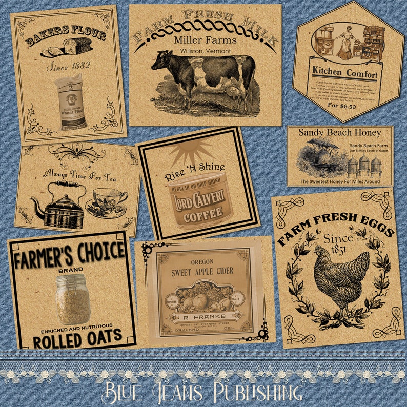 May include: A collection of vintage-style labels with illustrations and text. The labels feature products like bakers flour, farm fresh milk, kitchen comfort, rise 'n shine coffee, farmer's choice rolled oats, sweet apple cider, and farm fresh eggs. The labels are printed on a brown paper background and have a rustic, vintage aesthetic.
