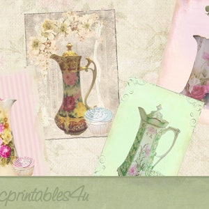 May include: Four vintage porcelain teapots with floral designs and gold accents. Each teapot is paired with a cupcake on a textured background.