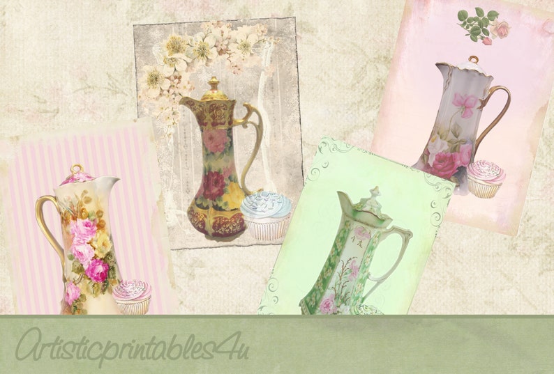 May include: Four vintage porcelain teapots with floral designs and gold accents. Each teapot is paired with a cupcake on a textured background.