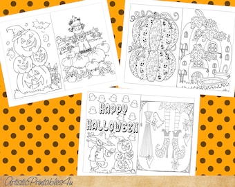Może przedstawiać: Zestaw czterech czarno-białych stron do kolorowania do wydrukowania z motywami Halloween. Strony zawierają straszak z dyniami, stos dyni z twarzami, dom z dyni i nogi czarownicy z miotłą i duchem.