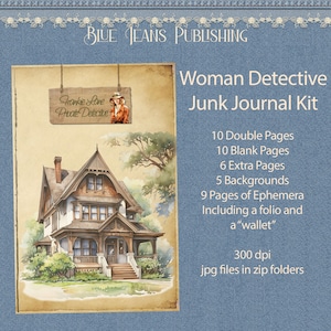 Może przedstawiać: Cyfrowy zestaw do tworzenia dziennika z motywem kobiety detektyw. Zestaw zawiera 10 podwójnych stron, 10 pustych stron, 6 dodatkowych stron, 5 tła i 9 stron z efemerydami, w tym folio i "portfel". Zestaw ma rozdzielczość 300 dpi i jest dostępny w plikach jpg w folderach zip.