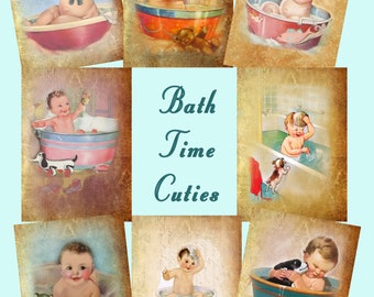 Baby clipart collage sheet - Printable, Instant download, 8 ATC babies bathing cards, junk journal ephemera, scrapbooking, paper crafts