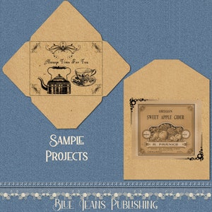 May include: A brown paper envelope with a vintage design. The front of the envelope has a black and white illustration of a teapot and teacup with the text "Always Time For Tea". The back of the envelope has a vintage label for "Oregon Sweet Apple Cider" with the text "R. Franke" and "Oakland, ORL".