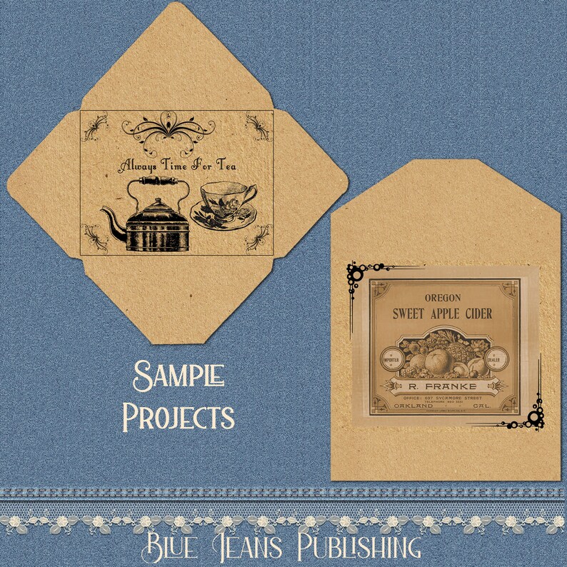 May include: A brown paper envelope with a vintage design. The front of the envelope has a black and white illustration of a teapot and teacup with the text "Always Time For Tea". The back of the envelope has a vintage label for "Oregon Sweet Apple Cider" with the text "R. Franke" and "Oakland, ORL".