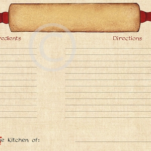 Op de afbeelding: Een printbare receptenkaart met een deegroller bovenaan, met regels voor ingredi&euml;nten en instructies, en de tekst "From the Kitchen of:" onderaan.