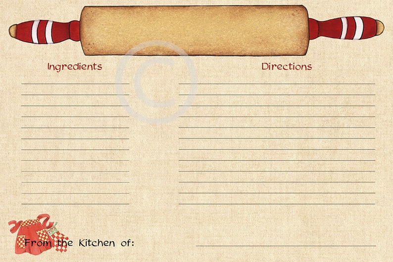Op de afbeelding: Een printbare receptenkaart met een deegroller bovenaan, met regels voor ingredi&euml;nten en instructies, en de tekst "From the Kitchen of:" onderaan.