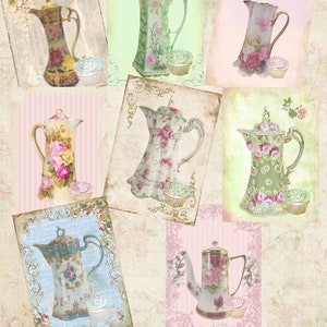 May include: A digital collage of ten vintage teapots with floral patterns and cupcake accents. The teapots are in various colors, including green, blue, pink, and white. The background is a distressed, vintage-style paper.