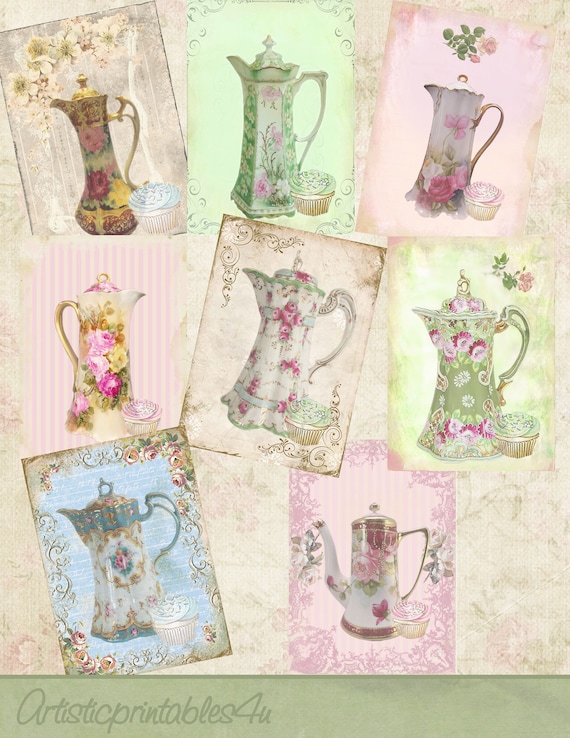 Shabby Chic Teapot Clipart: Victorian Tea Party Collage Sheet (Digital Download)