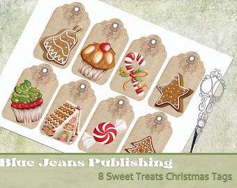 May include: Eight printable Christmas gift tags featuring gingerbread-themed illustrations. The tags are brown with a vintage design and include images of a gingerbread house, candy cane, gingerbread star, gingerbread tree, gingerbread cupcake, and gingerbread bell.