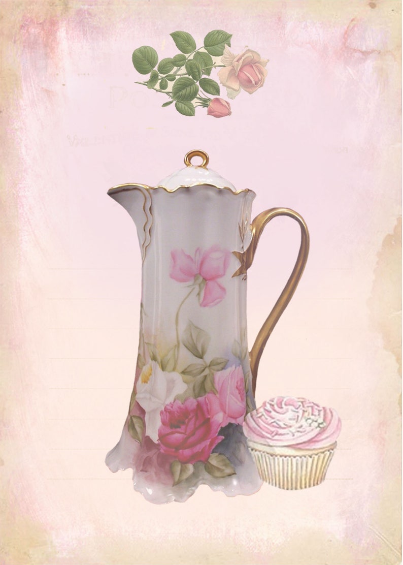 May include: A white porcelain teapot with gold accents and floral designs, including pink and white roses. A pink and white cupcake sits next to the teapot.