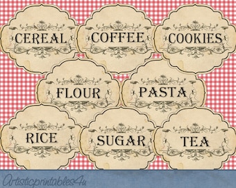 Printable 8 Pantry Labels and 24 Spice Jar Labels, Instant Download, Digital kitchen and canister labels with a vintage theme