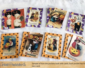 May include: A collection of vintage Halloween postcards featuring children dressed in costumes and holding jack-o'-lanterns. The postcards are displayed in orange and brown polka dot pockets.