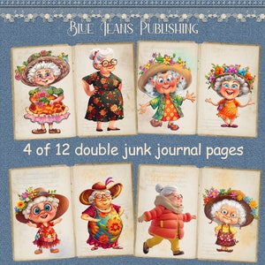 Pages originales de vieilles dames, 12 pages doubles avec 24 vieilles femmes drôles, moitié pages numériques, téléchargement immédiat