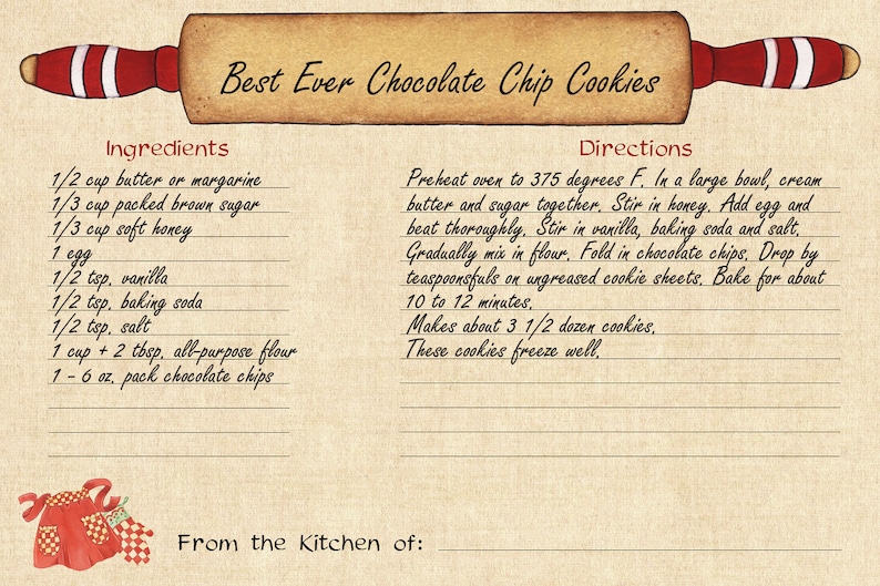 Op de afbeelding: Een vintage-stijl receptkaart met een rode en witte deegroller bovenaan. De kaart heeft de titel "Best Ever Chocolate Chip Cookies" en bevat een lijst met ingredi&euml;nten en instructies voor het maken van de koekjes. De kaart heeft een bruine achtergrond met witte lijnen.