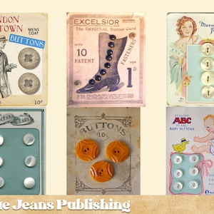 Kaarten met 18 knopen vintage afdrukbaar, ideaal voor naaiprojecten op papier, zoals junkjournals of instant download voor scrapbooking