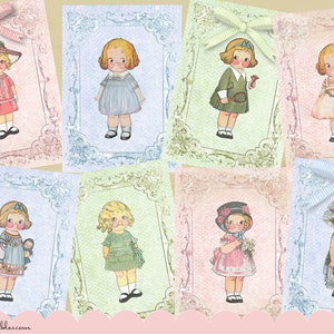 May include: Eight printable cards featuring illustrations of girls in various outfits and poses. Each card has a decorative border and a bow at the top.