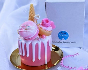 Dessert Cake Candle, Mini Cake Candle, Dripping Cream Cake Candle, Faux Cake, Kawaii Aesthetics Food Candle, Pink Candle Cake With Sweets