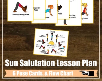 Sun Salutation for Kids Yoga Class with Pose Cards and Flow Chart, Lesson Plan, Yoga Teacher, Physical Education, Homeschool, Digital Cards