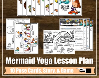 Kit de plan de lecciones de yoga de sirena, historia de aventuras, atención plena, clase de yoga para niños, educación en casa, tarjetas digitales