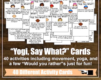 Set of 40 Fun "Yogi Say What?" Activity Cards, Task Cards, Yoga, Mindfulness, Kids Yoga Class, Homeschool, Lesson Plan, Digital Cards