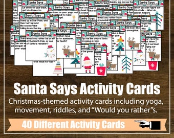 Set of 40 Fun "Santa Says" Activity Cards, Task Cards, Yoga, Mindfulness, Kids Yoga Class, Homeschool, Lesson Plan, Christmas Yoga