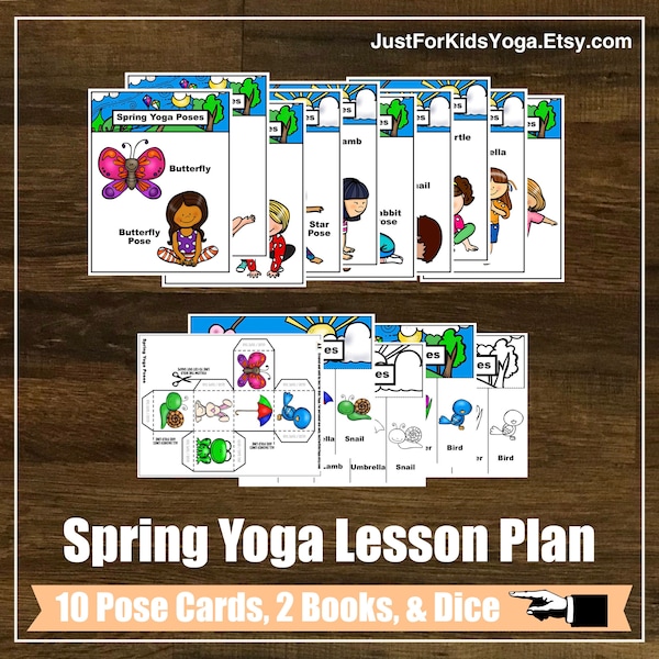 Kit de plan de lecciones de yoga de primavera, juego de cubos, libros flap, atención plena, clase de yoga para niños, educación física, educación en casa, tarjetas digitales