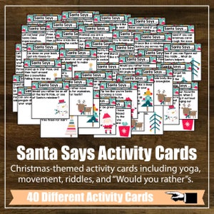 Conjunto de 40 cartões de atividades divertidas "Santa Says", cartões de tarefas, ioga, atenção plena, aula de ioga para crianças, educação domiciliar, plano de aula, ioga de Natal