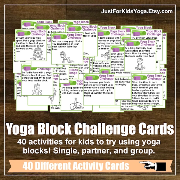 Conjunto de 40 tarjetas de actividades de bloques de yoga, tarjetas de tareas, yoga, atención plena, clase de yoga para niños, educación en casa, plan de lecciones, tarjetas digitales