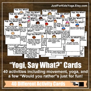 Set of 40 Fun "Yogi Say What?" Activity Cards, Task Cards, Yoga, Mindfulness, Kids Yoga Class, Homeschool, Lesson Plan, Digital Cards