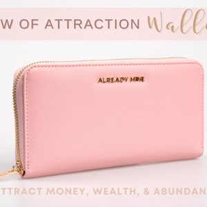 Cartera minimalista rosa, cartera larga para mujer, piel vegana, ley de la suposición, hechizo de manifestación de dinero, hechizo de abundancia, cartera para esposa