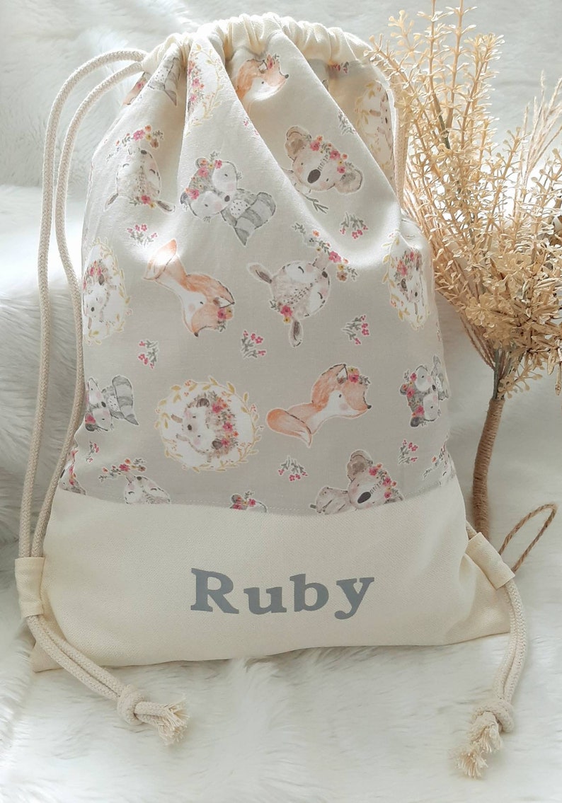 Kinder Turnbeutel mit Namen personalisiert / Rucksack / Schmutzbeutel / Stoffbeutel mehr Beutel im Shop Fuchs/Reh creme