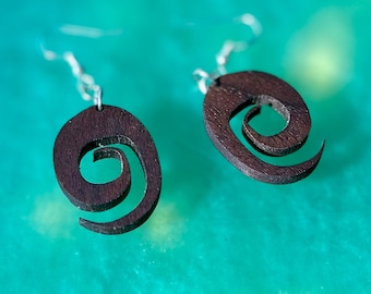 Handmade Wooden Spiral Dangle Earrings with Sterling Silver Hooks