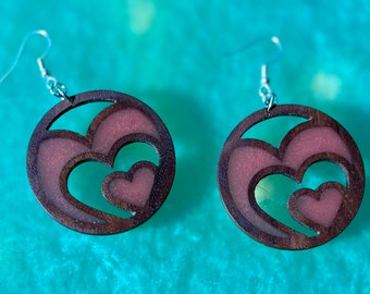 Double Heart Walnut Earrings with Inlay, Valentines Day Gift