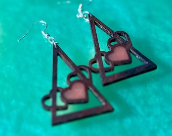 Triangle Heart Walnut Earrings with Inlay, Valentines Day Gift