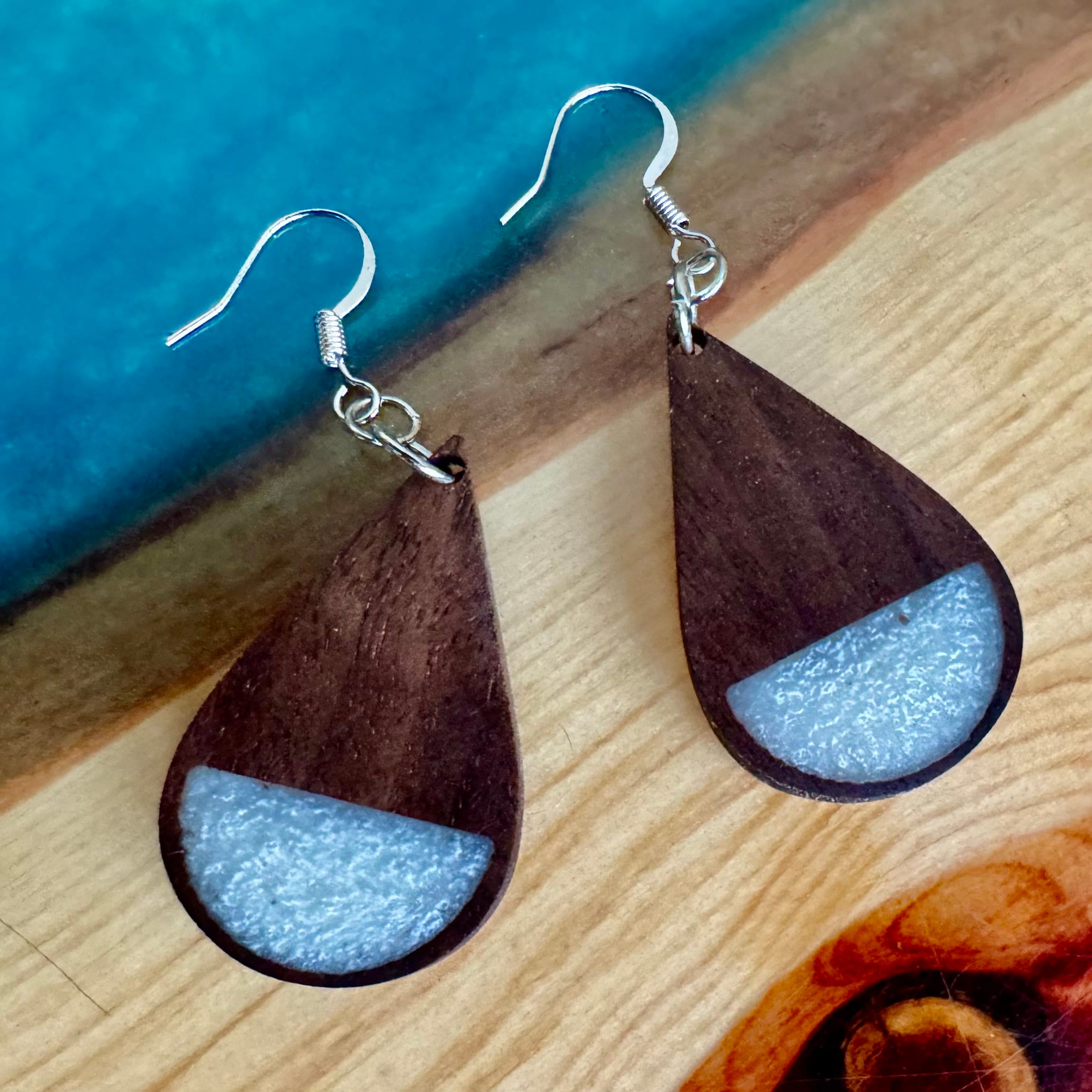Handmade Walnut Wood and Epoxy Resin Earrings with Stainless Steel Hooks