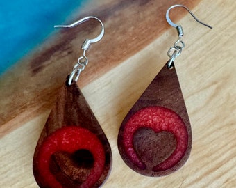 Handmade Walnut Wood Teardrop Earrings, Heart with Red Inlay - Perfect for Valentine&#39;s Day